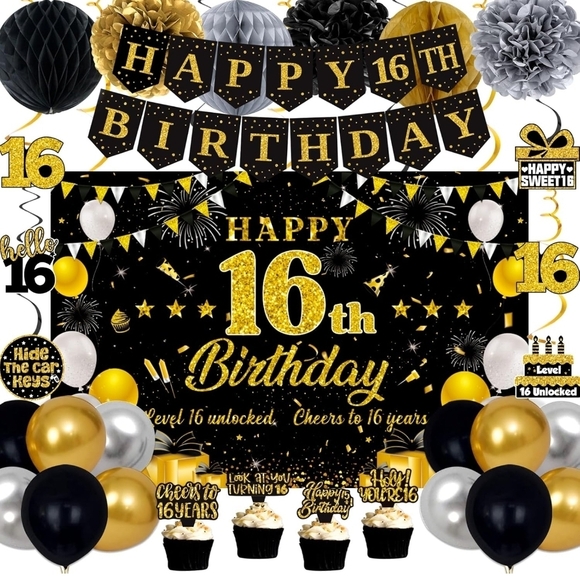 Amazon Other - Gold and Black Birthday Party Decoration Set 16th Birthday Brand New
